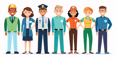 Set of people of different professions. Men and women in uniform in full length on a white background
