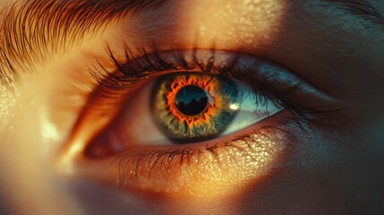 A person's eye close-up showing iris and pupil. Reflection of light on skin.