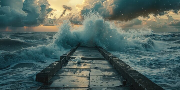 Concrete pier being battered by massive waves during a hurricane
