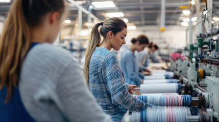 A diverse team of textile workers collaborating in a busy, modern textile mill