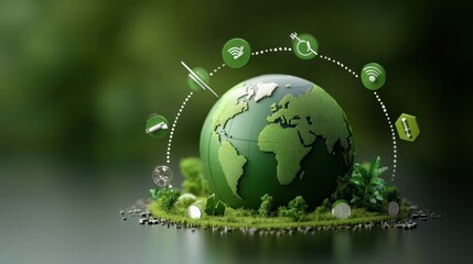 A globe surrounded by green energy icons, with carbon credit symbols orbiting the planet