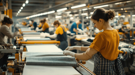 A diverse team of textile workers collaborating in a busy, modern textile mill