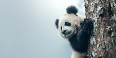 Obraz premium Adorable Baby Panda Climbing Tree Trunk with Soft White and Black Fur in Natural Habitat
