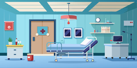Naklejka premium Interior of an empty hospital room with a bed and medical equipment. Vector illustration 