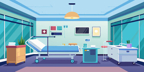 Interior of an empty hospital room with a bed and medical equipment. Vector illustration
