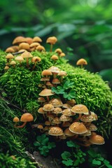 Fototapeta premium Green forest, mossy log, wildlife habitat.