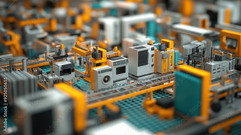 Poster advanced assembly line with appliances in various stages of production