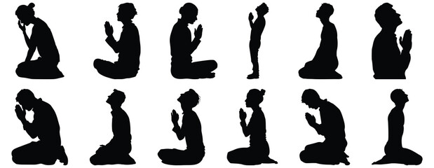 Prayer silhouettes set, faith pack of vector silhouette design, isolated background