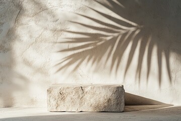 Empty podium stage light room with a grunge stone wall and a tropical leaf. Round dais or platform in modern interior design. Perfect for product presentation.