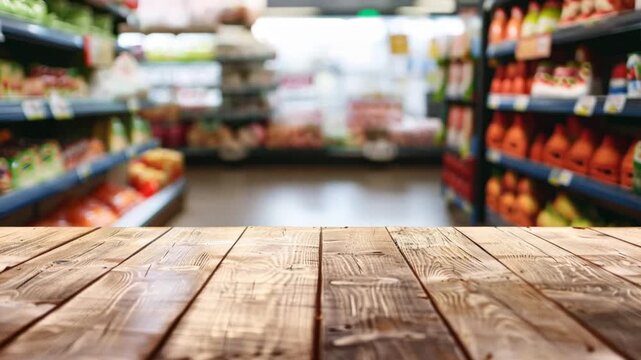 Rustic Display in the Grocery Aisle: Empty wooden table top with blurred supermarket background, ideal for product placement and showcasing within a retail setting.