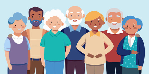 Group of elderly people stand together. Happy seniors, old men and women of different nations
