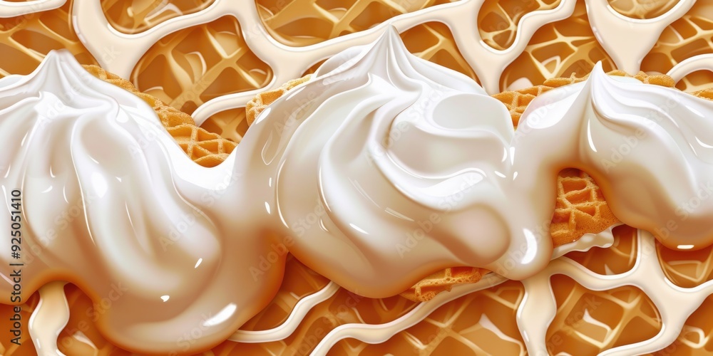 Poster two stacks of fluffy waffles covered in glossy maple syrup drizzled on top.