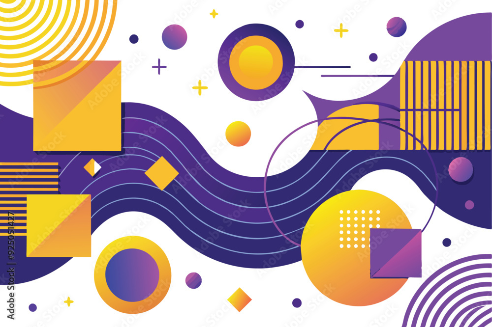 Poster modern abstract background showcasing a blend of purple and yellow with an array of circles and shap