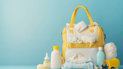 Bag packed for trip or journey or for walking with baby. Diapers, bottle and other necessary things for baby and mom. Diaper bag to maternity hospital. Copy space. Blue background