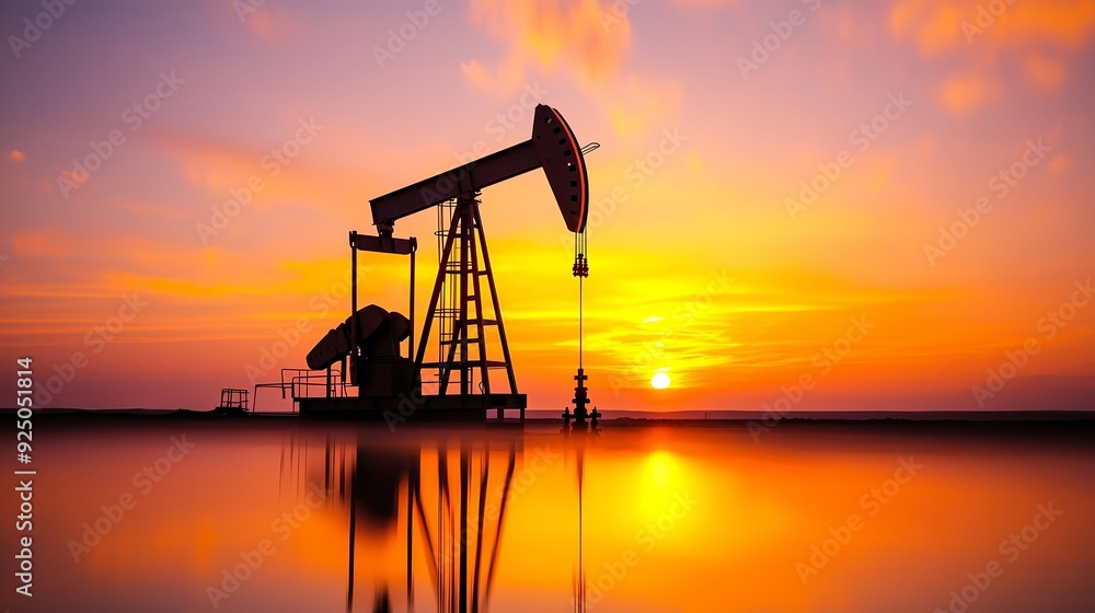 Poster Oil Pump Silhouette at Sunset.