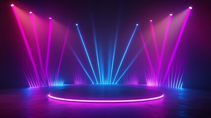 Empty podium stage in a dark black room with neon lights. Round dais or platform with modern pink and blue light. Perfect for product presentation and advertisement.