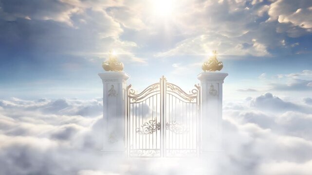 The majestic white gate to heaven above the white clouds. Seamless 4K looping timelapse video animation background