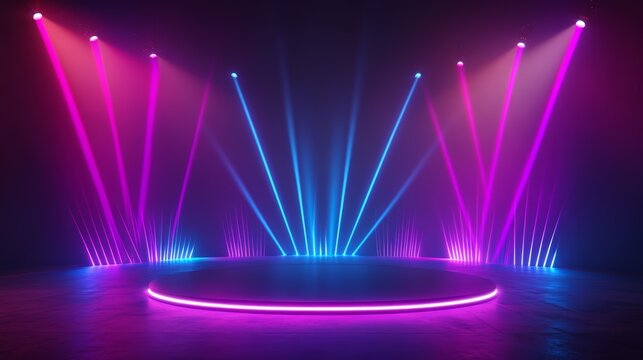 Empty podium stage in a dark black room with neon lights. Round dais or platform with modern pink and blue light. Perfect for product presentation and advertisement.