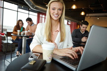 Remote work, woman and portrait with laptop in coffee shop for email, networking and freelance trading. Smile, trader and happy with technology at cafe for stock market, research and investment plan