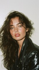 Fototapeta premium The young woman poses confidently, exhibiting a natural look with tousled hair and subtle makeup while wearing a leather jacket