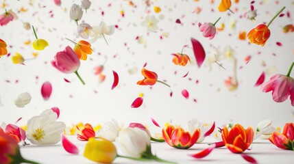 Obraz premium Variety of tulips and petals in mid-air and on the ground