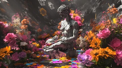 Shattered Statue Embraced by Vibrant Floral Rebirth in Digital Artwork