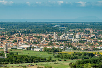Fototapeta premium Aerial view of Pisa and Gorgona island from Monte Castellare, Italy
