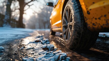 The image shows a car driving on a snowy city street. The wheels are visibly dirty from the road, indicating recent travel.