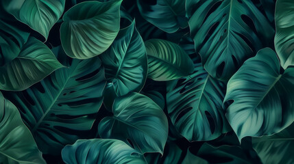 Green tropical palm leaves, dark green foliage, realistic nature background	