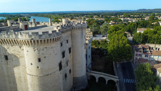 Magnificent medieval castle in Tarascon, a French town located in the Bouches-du-Rhone department of the Provence-Alpes-C&ocirc;te d'Azur. City of Tarascon seen from a drone, tourist travel destination.