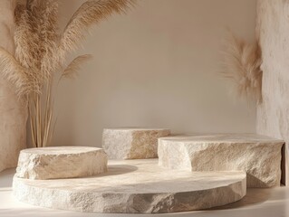 Indoor design of stone stairs with palm leaves in the background. Modern, naturalistic elements.