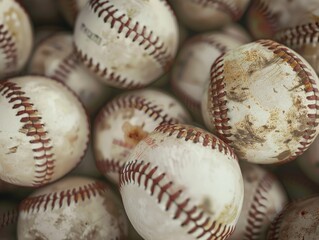 A bunch of used, dusty baseballs piled together on a surface.