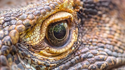 Fototapeta premium Captivating Macro Shot of a Komodo Dragon s Intricate Eye with Striking Textured Scales and Slit Pupil