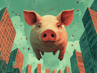 Pig in a big city, illustration