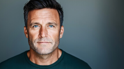 Obraz premium Portrait of a man with blue eyes and short dark hair, wearing a dark green shirt, looking at the camera with a neutral expression and a gray background.