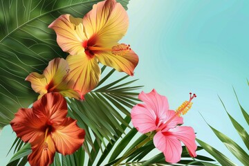Fototapeta premium Vibrant red and pink flowers blooming in a tropical setting.