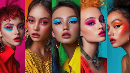 Obraz premium A set of female influencer portraits, each featuring a different young woman with vibrant make-up and stylish hair, reflecting contemporary fashion trends.