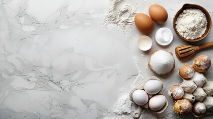 Top-down view baking essentials including brown eggs, flour, and sugar on white marble surface, elements are carefully arranged with mix natural textures, capturing essence simple, rustic baking.