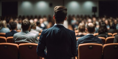 Fototapeta premium A young businessman asks a question during a business lecture in the conference room