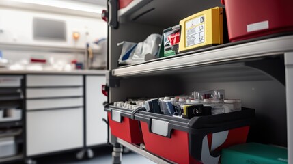 Medical Emergency Crash Cart with Defibrillator and Medications Ready for Use in Hospital Setting