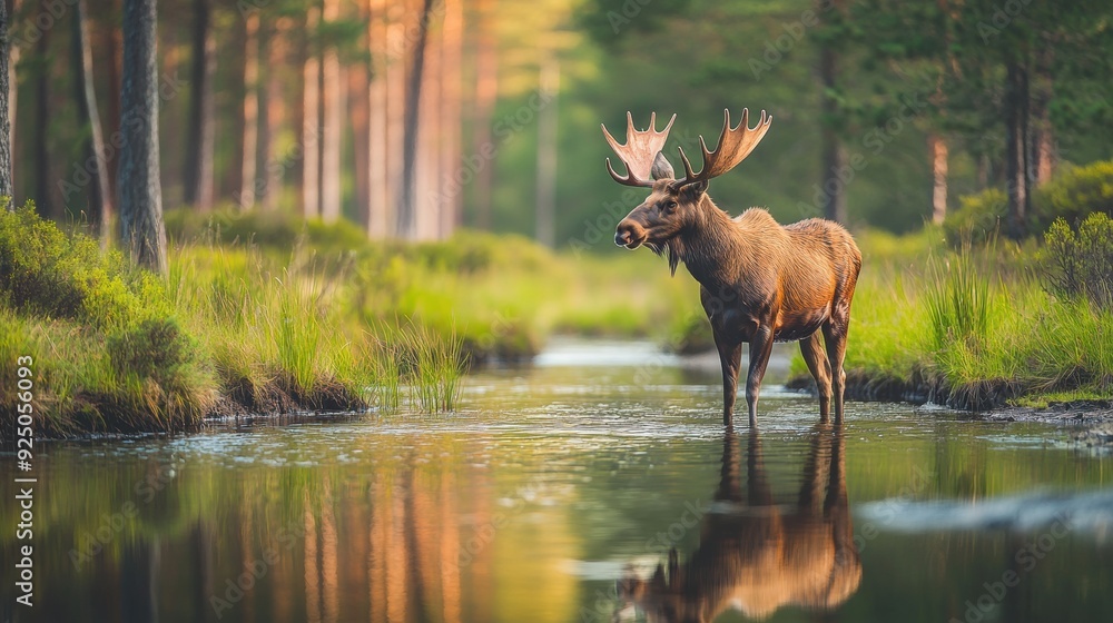 Poster a moose standing in a stream of water with grass and trees behind it, ai