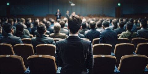 A young businessman asks a question during a business lecture in the conference room