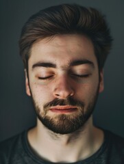 Obraz premium A man with his eyes closed, appearing to be in a state of sleep or relaxation.