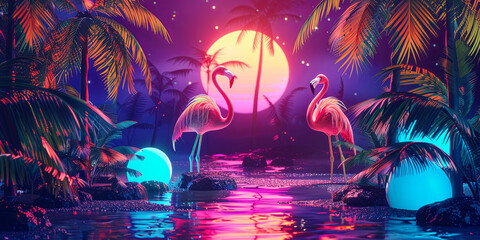 A vibrant tropical scene featuring neon-lit flamingos, palm trees, and glowing elements against a colorful sunset backdrop. 