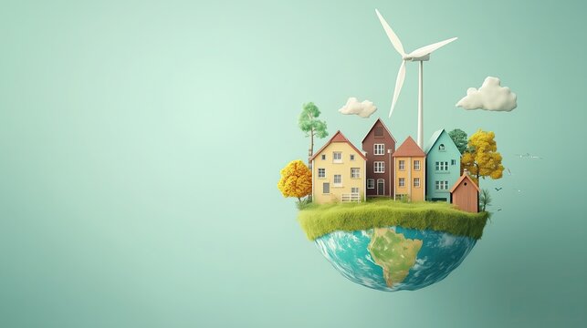 a floating island with colorful houses, wind turbines, and lush trees, representing sustainable energy, renewable energy, and green technology. concept  for environmental and sustainability themes.