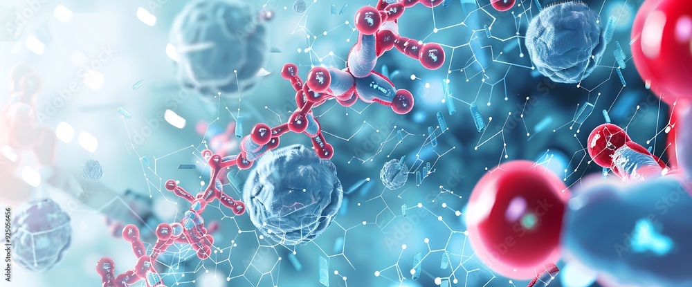 Aufkleber 3d rendering of red and blue cells connected by a white network on a blurred background.