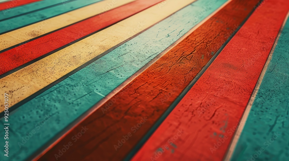 Poster a vivid array of colorful stripes arranged in a pattern, with various shades of red, blue, and orang
