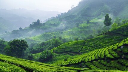 Lush Green Tea Plantation in Foggy Hills