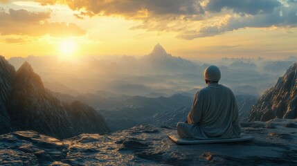 Obraz premium A man in traditional attire engages in prayer, seated on a rocky surface as the sun rises over distant mountains