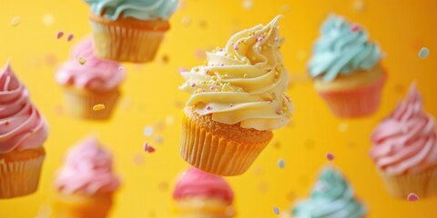 Colorful cupcakes floating in the air, likely at a party or festive celebration.